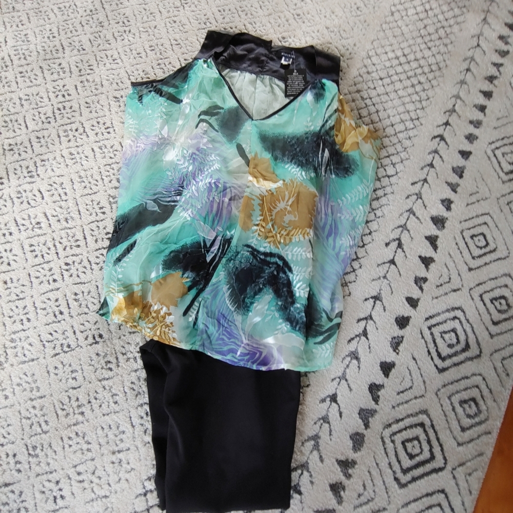 Nikibiki Teal and Black Silk Sleeveless Blouse.